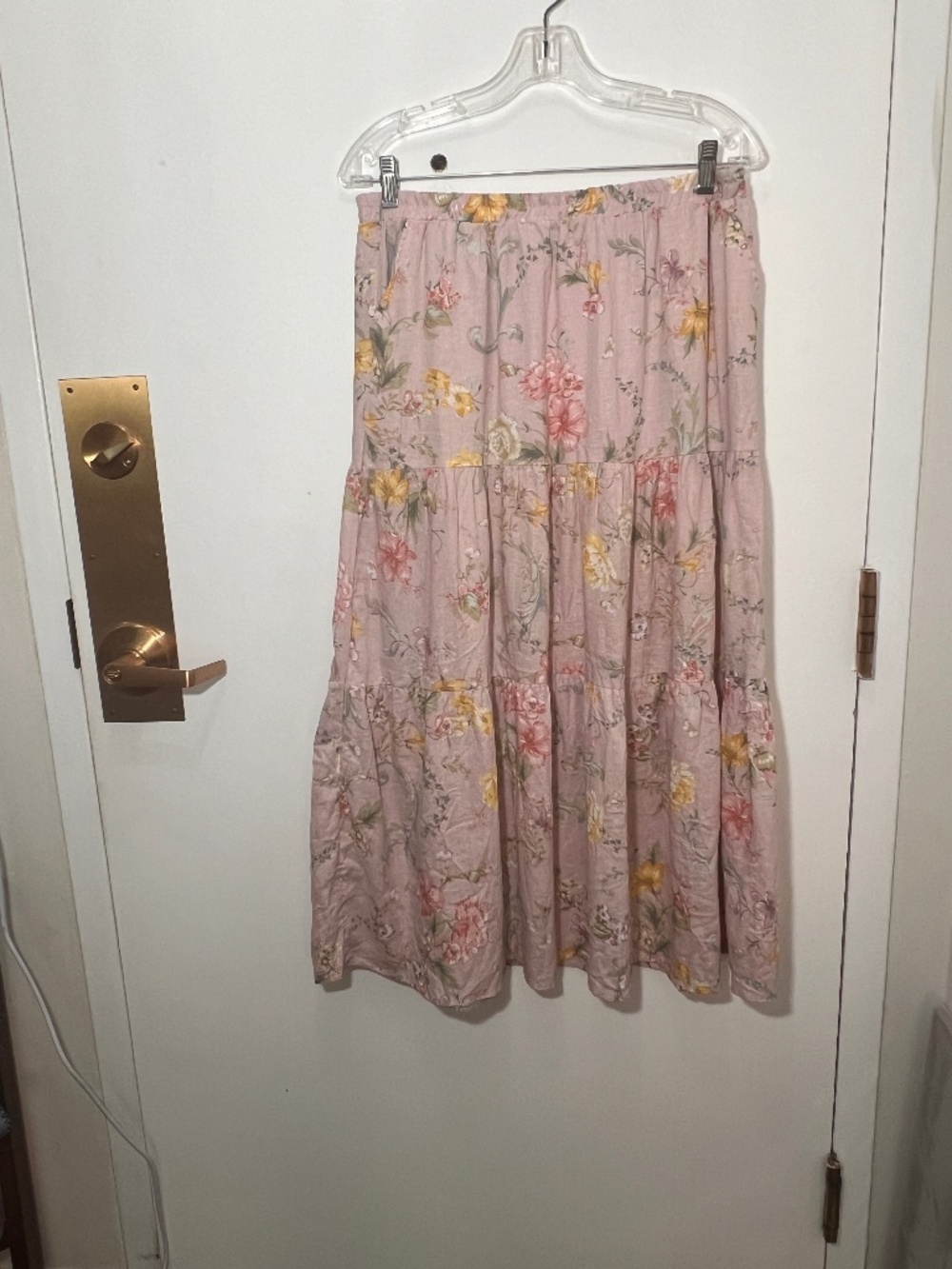 Laura Ashley tiered maxi skirt a pale pink base with a muted floral print Size M